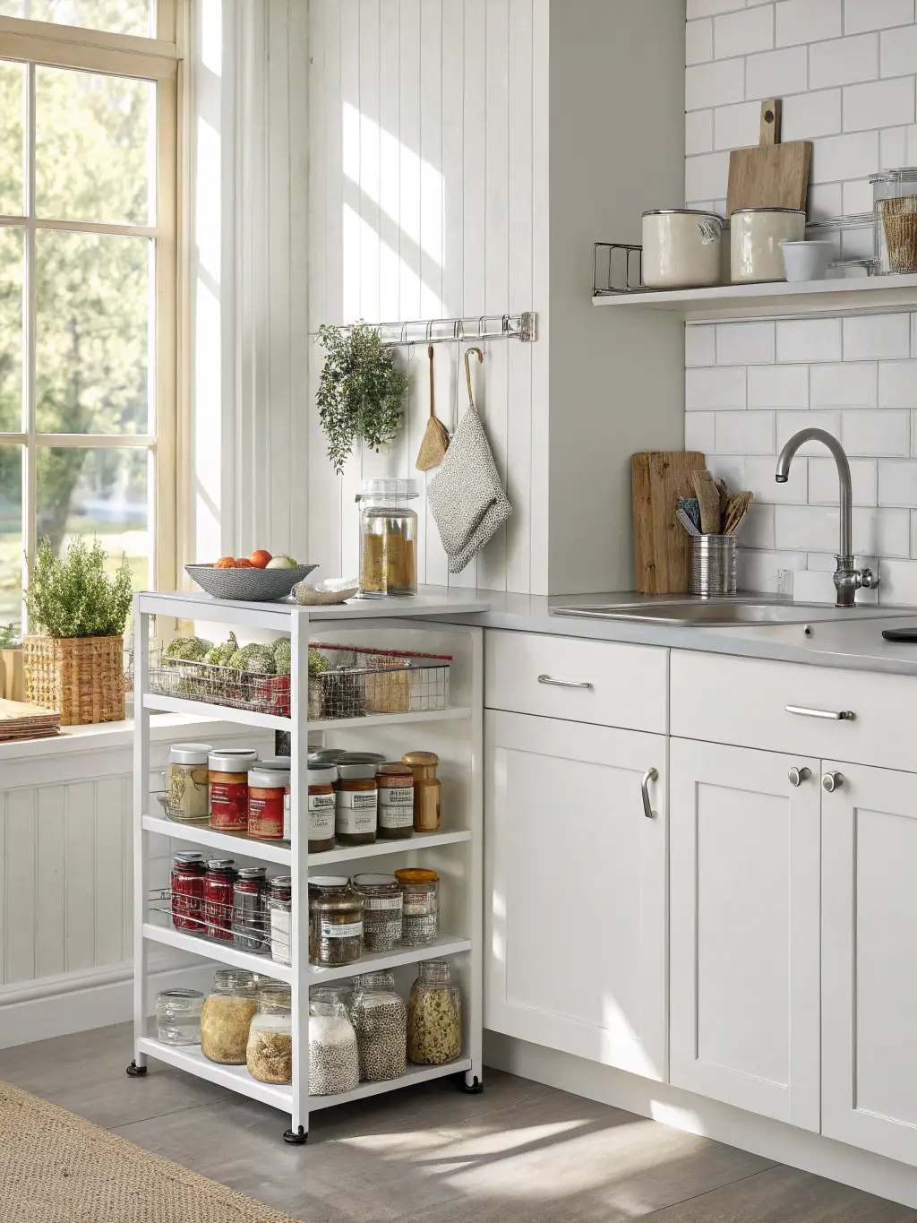A close-up image of Intema Kitchen's innovative storage solutions, showcasing pull-out shelves and organized compartments within a kitchen cabinet, highlighting space-saving features.
