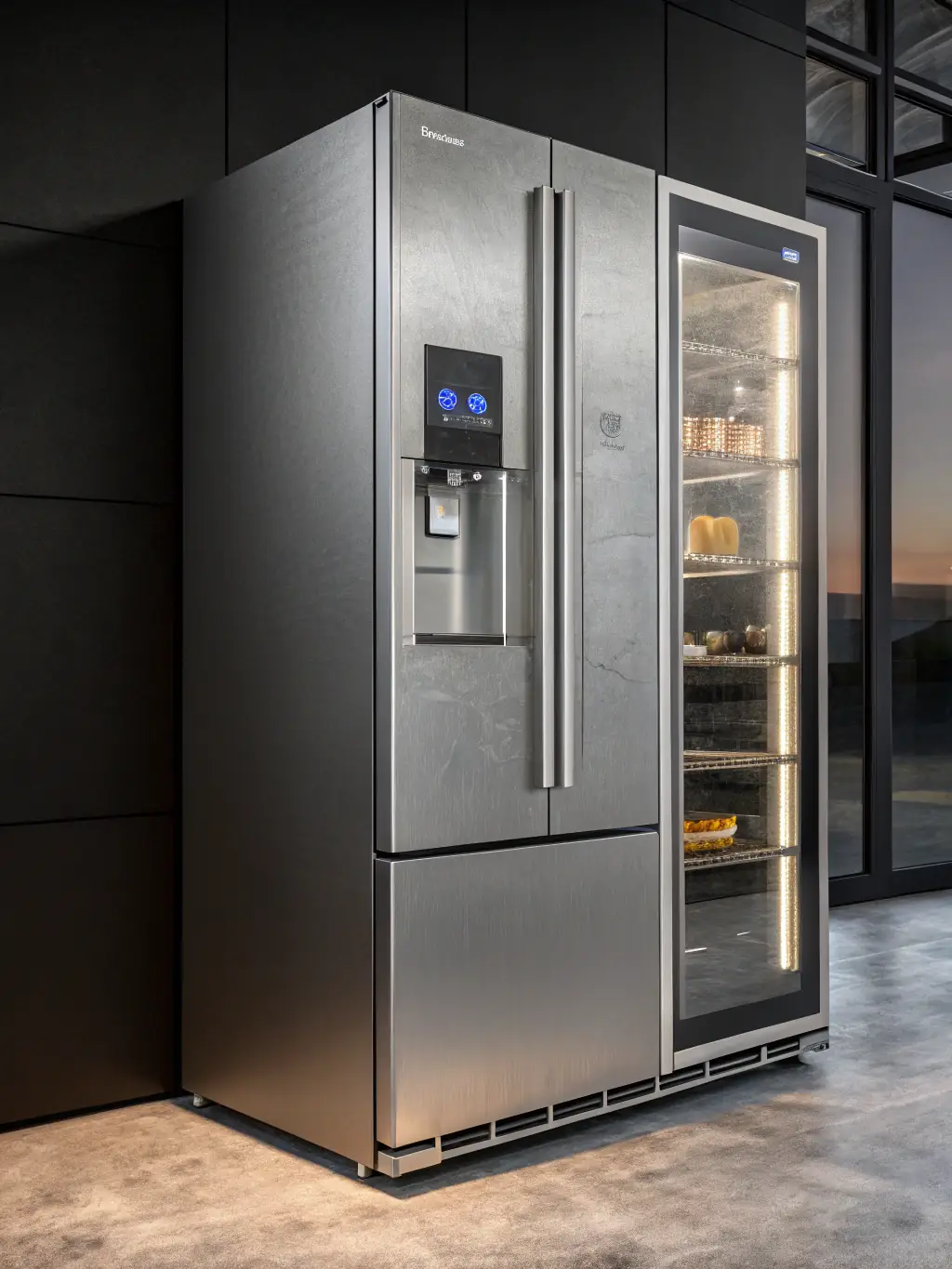 A detailed shot of Intema Kitchen's smart refrigerator, highlighting its touchscreen display and integrated features, surrounded by a modern kitchen setting with stainless steel appliances.