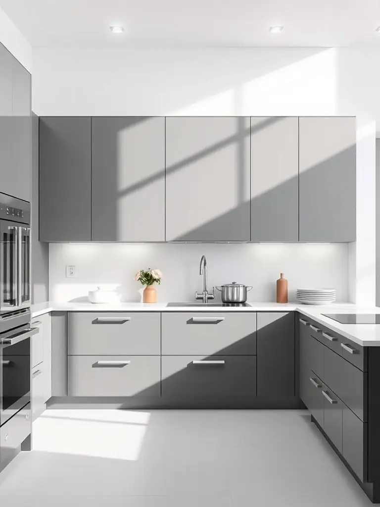 A high-resolution photograph showcasing Intema Kitchen's modern kitchen cabinets in a minimalist design, emphasizing clean lines and handle-less doors, set in a bright, open kitchen space.